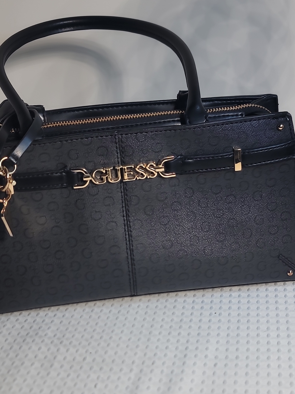 GUESS Black Logo-Print Satchel with Gold Hardware